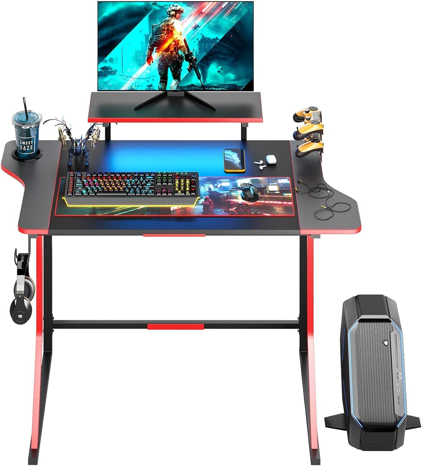 Gaming Desk with LED Light, 47" Gamer Desk with Monitor Stand for Home Office, Small Computer Desk with Controller Stand, Red and Black