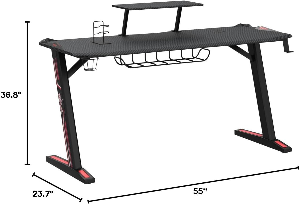 Gaming Desk with LED Lights & Power Outlet, Computer Desk 56 Inch Home Office Desk Z-Shaped Gaming Table, Carbon Fiber Gaming Computer Desk,Kids Boys Desk, Black