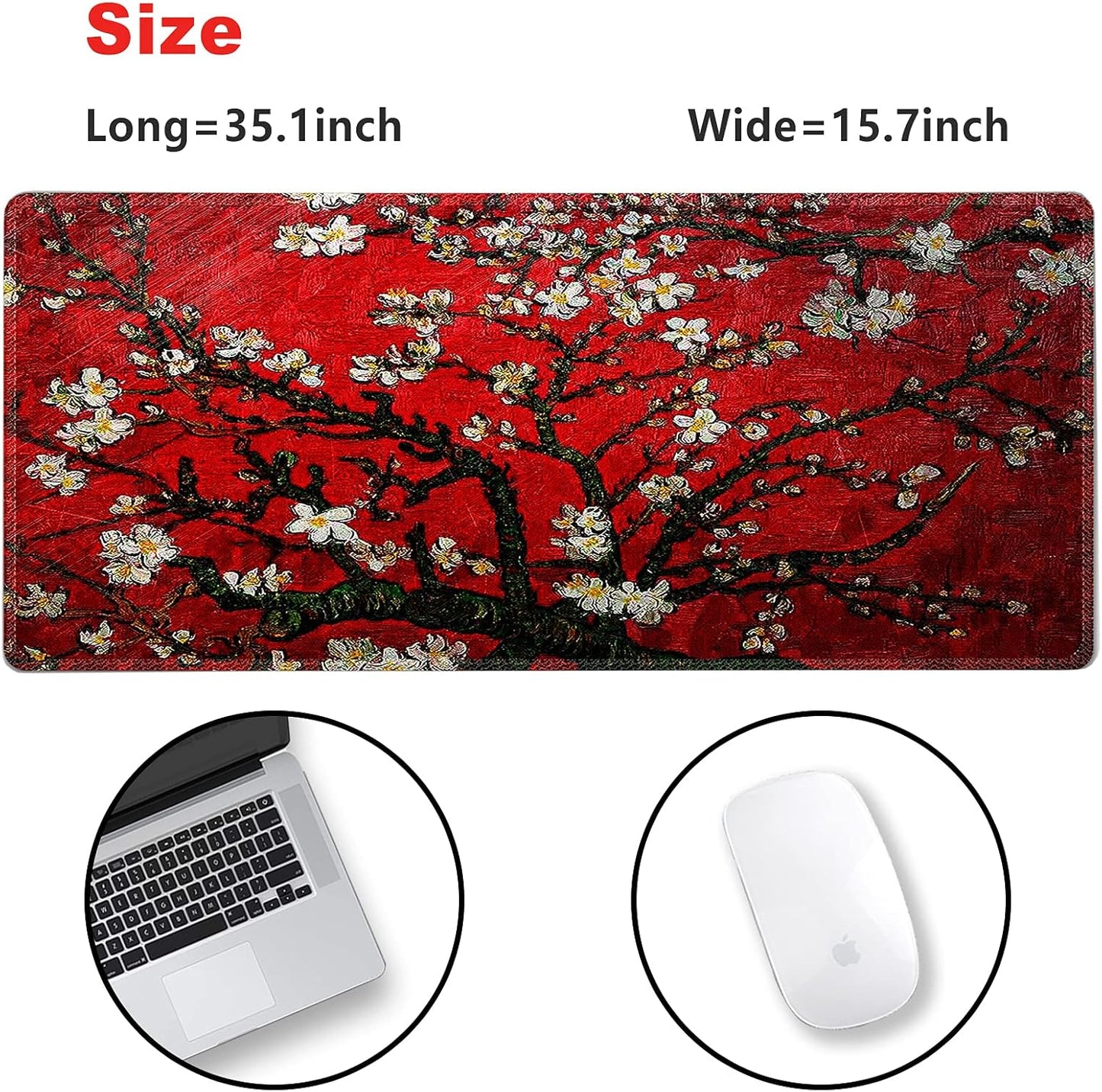 Extended Gaming Mouse Pad XXL Large Keyboard Mat Long Mousepad Desk Decor Writing Pad Non Slip Rubber Base Stitched Edges for Work, Game, Office, Home, 35.1" X 15.7", Red Van Gogh Painting