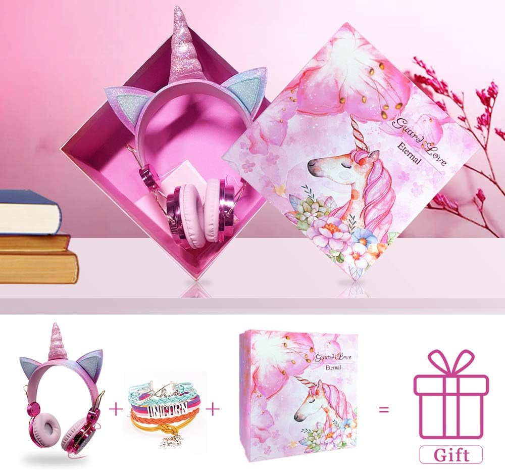Sparkly Unicorn Headphones for Girls, 85Db Safe Volume Limit, Wireless & 3.5Mm Wired Headset with Mic, Adjustable Headband, Fast Charging, Foldable,For School, Tablet, Travel, Airplane