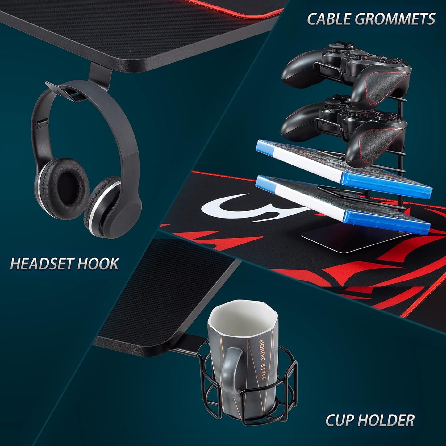 Gaming Desk 47 Inch PC Computer Desk Home Office Student Desk X-Shaped with Mouse Pad Cup Holder Headphone Hook Handle Rack,Black