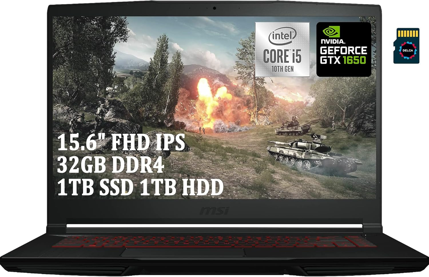 GF63 Thin Premium Gaming 15 Laptop I 15.6" FHD IPS I 10Th Gen Intel 4-Core I5-10300H (>I7-8750H) I 32GB DDR4 1TB SSD 1TB HDD I Geforce GTX 1650 4GB Backlit Win10 Black + 32GB Micro SD Card