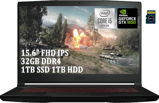 GF63 Thin Premium Gaming 15 Laptop I 15.6" FHD IPS I 10Th Gen Intel 4-Core I5-10300H (>I7-8750H) I 32GB DDR4 1TB SSD 1TB HDD I Geforce GTX 1650 4GB Backlit Win10 Black + 32GB Micro SD Card