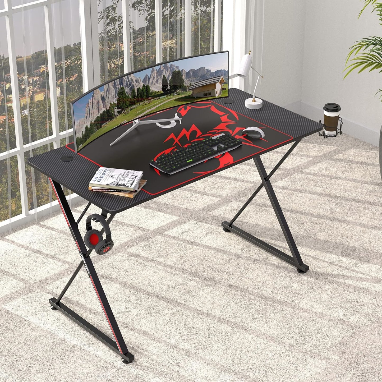 EE  Gaming Desk, 47 Inch Gamer Workstation, Carbon Fiber Surface Gaming Computer Desk with Large Mouse Pad, Controller Race, Headphone Hook, Cup Holder, Socket Holder,Black