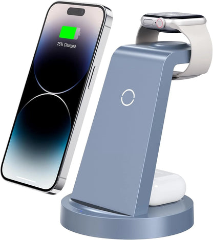 Wireless Charger - 3 in 1 Charging Station Compatible for Iphone & Iwatch - Charging Stand Dock for Airpods (Blue)