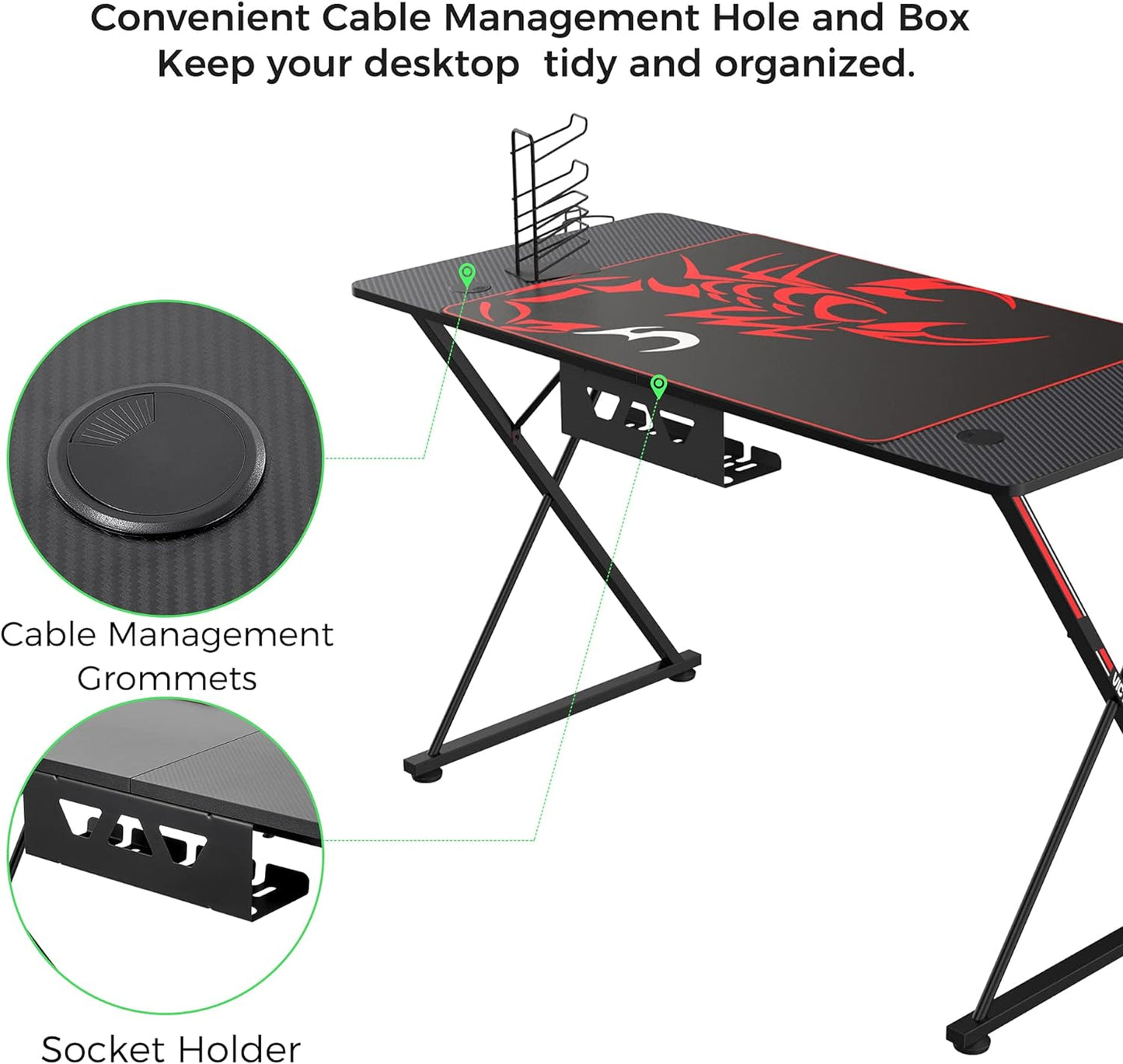 Gaming Desk 47 Inch PC Computer Desk Home Office Student Desk X-Shaped with Mouse Pad Cup Holder Headphone Hook Handle Rack,Black