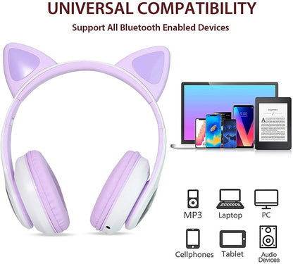 Kids Headphones, Cat Ear Wireless Headphones, LED Light up Kids Bluetooth Headphones over on Ear W/Microphone for Phone