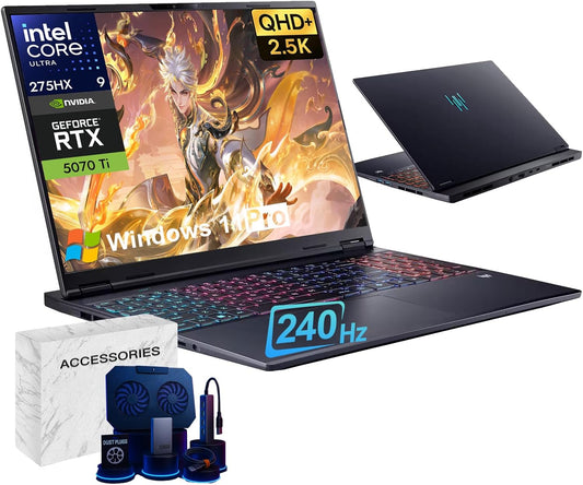Predator Helios Neo 16S Gaming Laptop Computer - 16" 2.5K WQXGA 240Hz, Intel Ultra 9 275Hx(Up to 5.4Ghz), NVIDIA RTX 5070Ti 12GB GDDR7, RGB KB, Win 11 Pro, W/Accessories(32 GB RAM, 2 TB SSD)