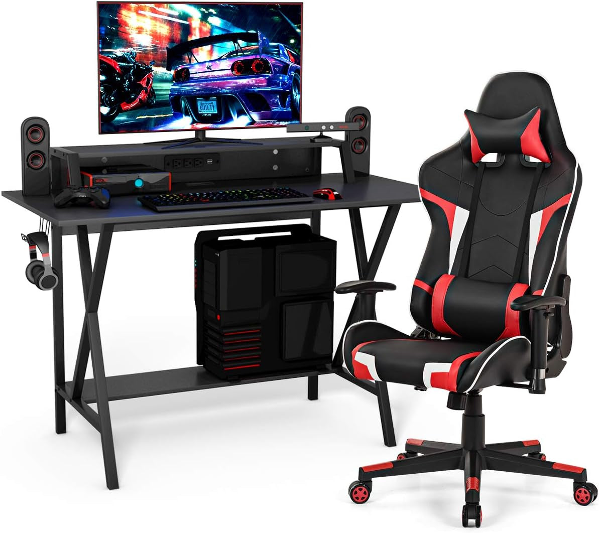Gaming Desk and Chair Set, Ergonomic E-Sport Gamer Desk & Racing Chair Set W/Cup Holder, Monitor Stand, Earphone Hook, Massage & Headrest, Home Office Computer Desk Chair Set (Red)