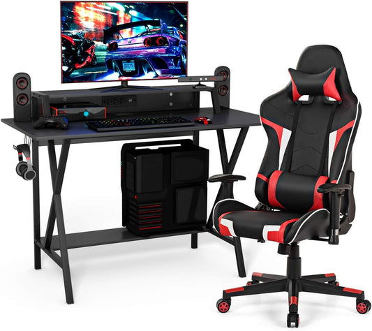 Gaming Desk and Chair Set, Ergonomic E-Sport Gamer Desk & Racing Chair Set W/Cup Holder, Monitor Stand, Earphone Hook, Massage & Headrest, Home Office Computer Desk Chair Set (Red)