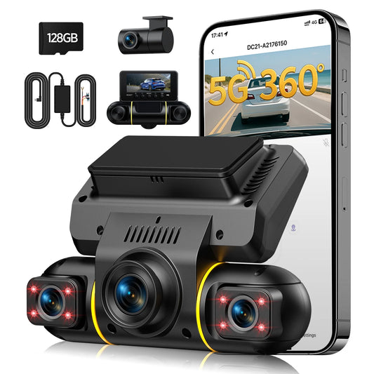 4 Channel Dash Cam Front and Rear inside with Hardwire Kit for 24H Security Parking Monitor, 1080P FHD 360 Degree View 5G Wifi Dash Camera, IR Night Vision Dashcam, G-Sensor, Free 128GB Card