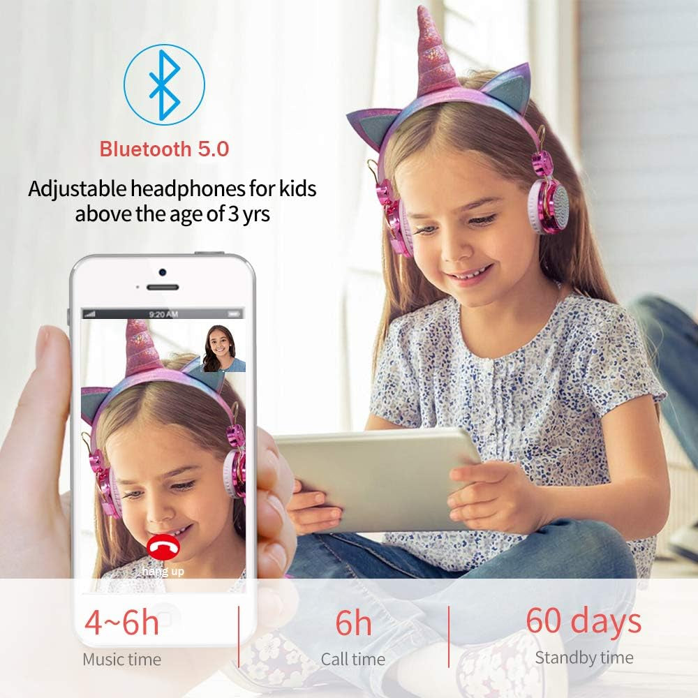 Sparkly Unicorn Headphones for Girls, 85Db Safe Volume Limit, Wireless & 3.5Mm Wired Headset with Mic, Adjustable Headband, Fast Charging, Foldable,For School, Tablet, Travel, Airplane