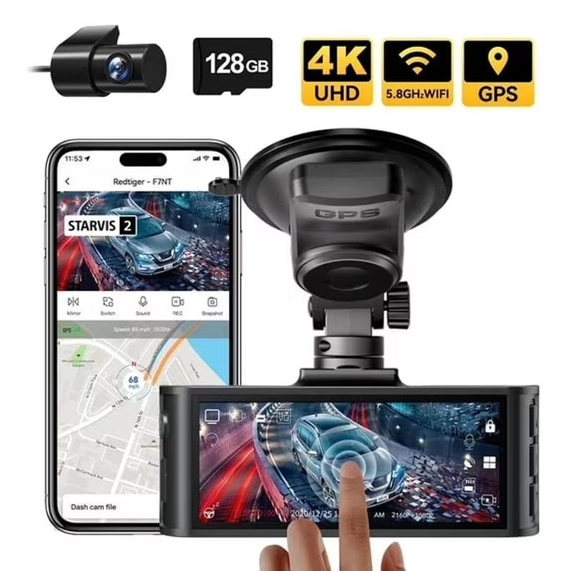 Touch Screen Dash Cam Front and Rear, 4K Dash Camera with STARVIS 2 Sensor, Free 128GB Card, Car Camera with Wifi GPS, Voice Control, Wdr,5.8Ghz Wifi, 24H Parking Mode, Night Vision