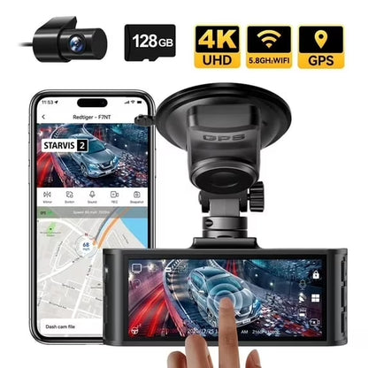 Touch Screen Dash Cam Front and Rear, 4K Dash Camera with STARVIS 2 Sensor, Free 128GB Card, Car Camera with Wifi GPS, Voice Control, Wdr,5.8Ghz Wifi, 24H Parking Mode, Night Vision