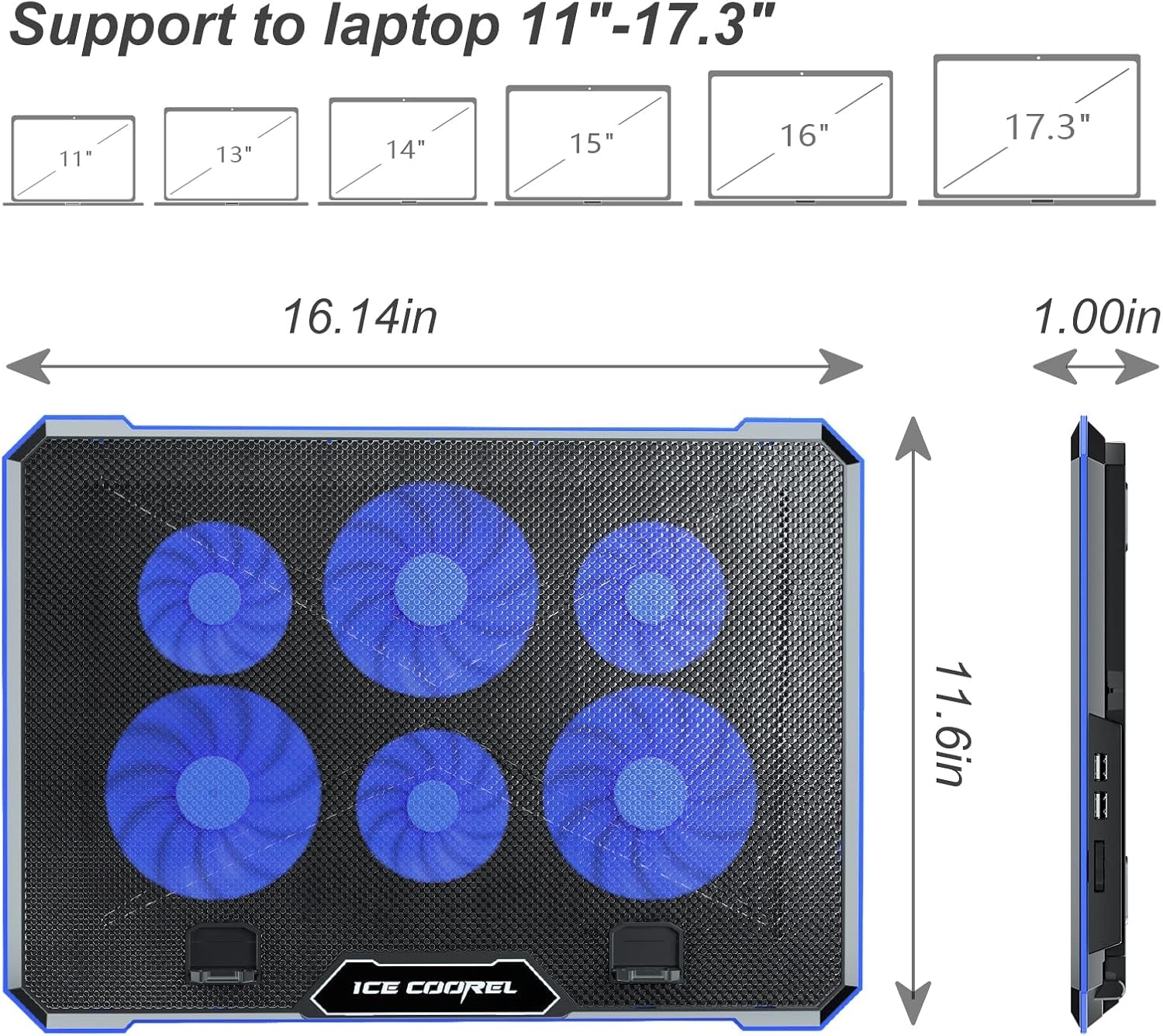 Laptop Cooling Pad with 6 Cooling Fan, Laptop Cooler Fan with No Lights, Cooling Pad for Laptop 15-17 Inches, Notebook Cooler Stand with 9 Height Adjustable, Cooler Pad for Lap or Desk Use
