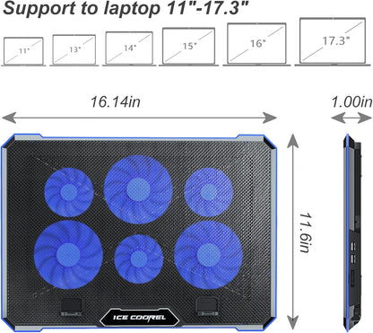 Laptop Cooling Pad with 6 Cooling Fan, Laptop Cooler Fan with No Lights, Cooling Pad for Laptop 15-17 Inches, Notebook Cooler Stand with 9 Height Adjustable, Cooler Pad for Lap or Desk Use