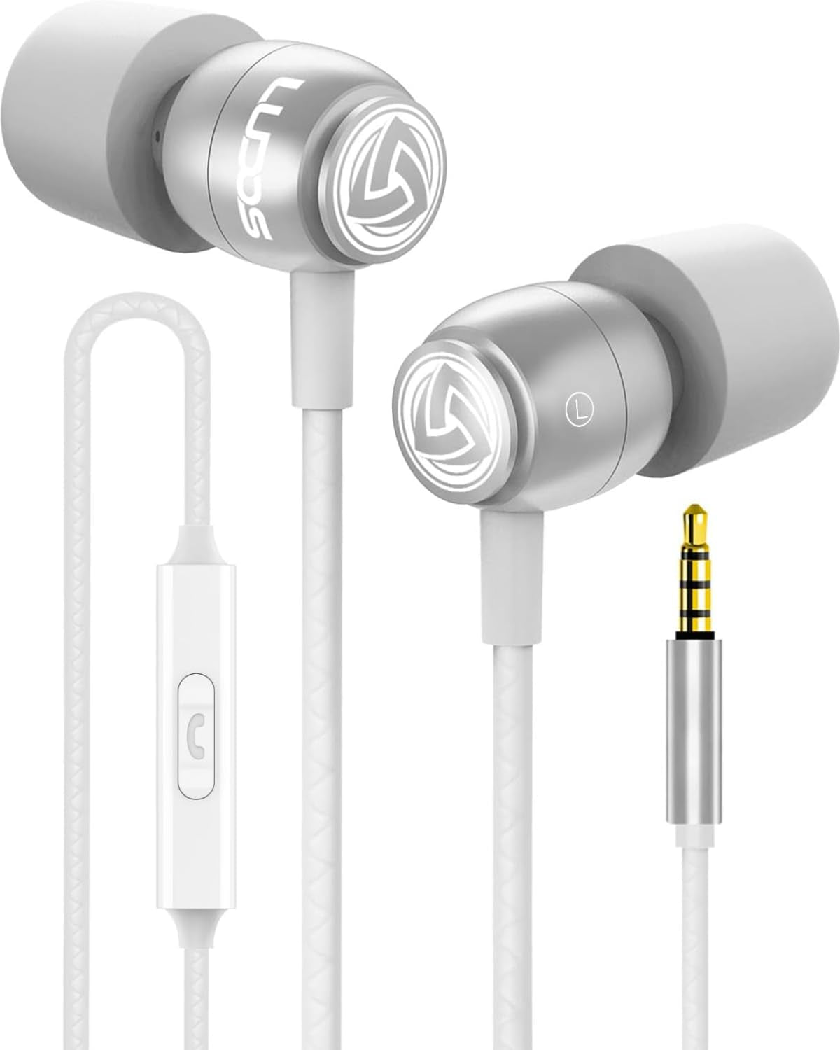 Clamor Wired Earbuds In-Ear Headphones, 5 Years Warranty, Earphones with Microphone, Noise Isolating Ear Buds, Memory Foam for Iphone, Samsung, School Students, Kids, Women, Small Ears - White