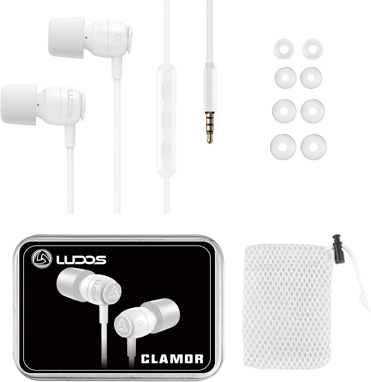 Clamor Wired Earbuds in Ear, Noise Isolating Headphones with Microphone, 3.5Mm Jack Plug, Mic and Volume Control, Memory Foam, Deep Bass, Tangle-Free Cord - Bright White