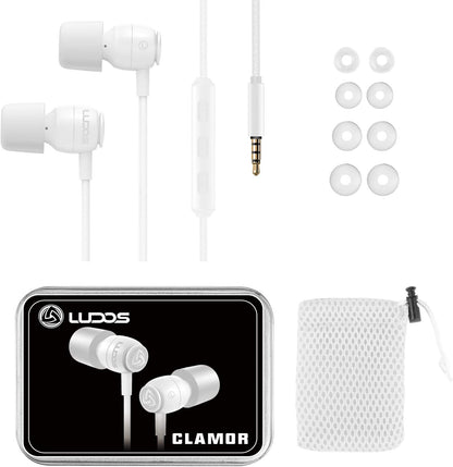 Clamor Wired Earbuds in Ear, Noise Isolating Headphones with Microphone, 3.5Mm Jack Plug, Mic and Volume Control, Memory Foam, Deep Bass, Tangle-Free Cord - Bright White