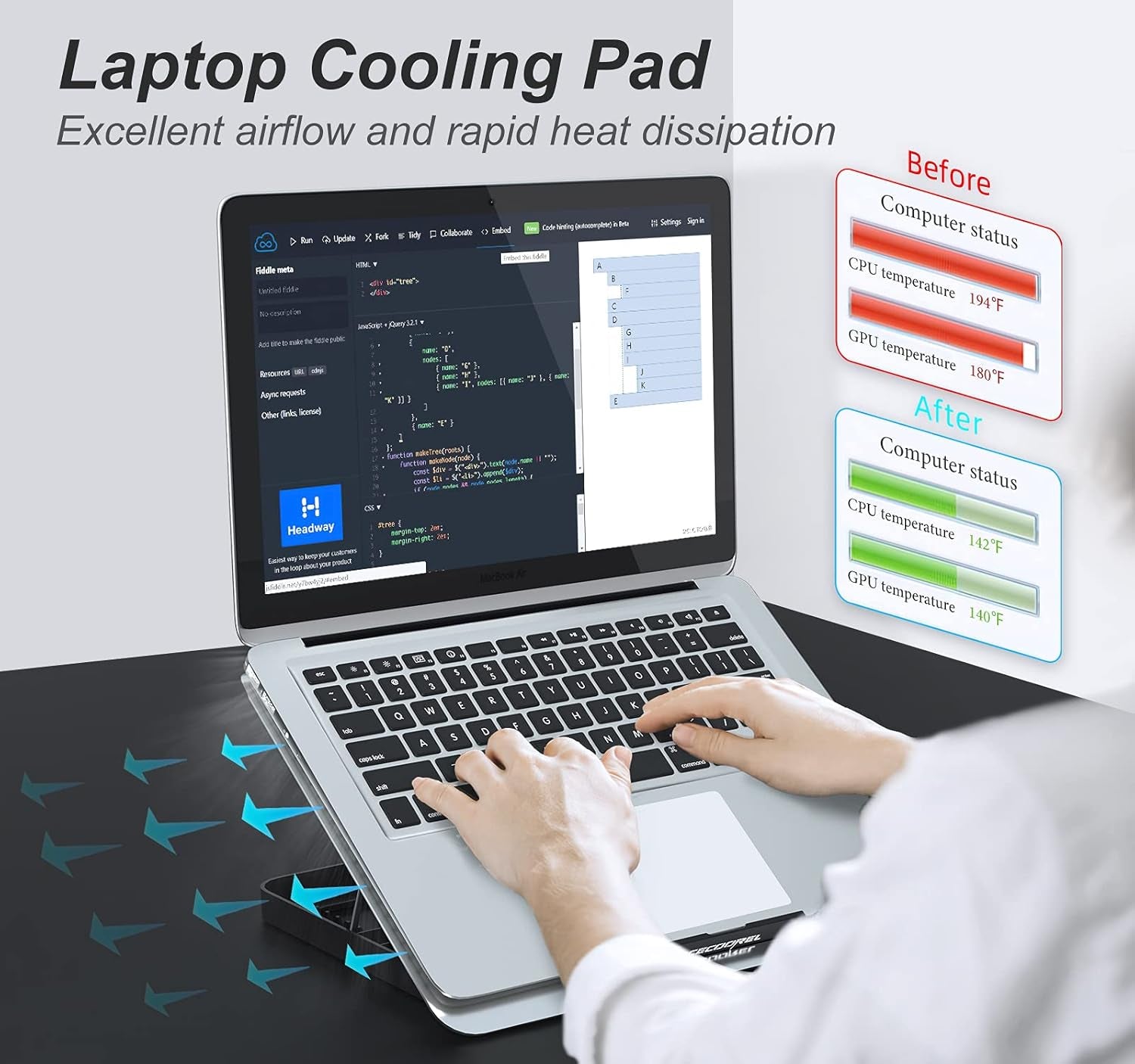 Aluminum Laptop Cooling Pad, Laptop Cooler Stand with 7 Height Adjustable, Laptop Fan Cooling Pad for Laptop 12-15.6 Inch, Notebook Cooler Pad with Two USB Port (Silver)