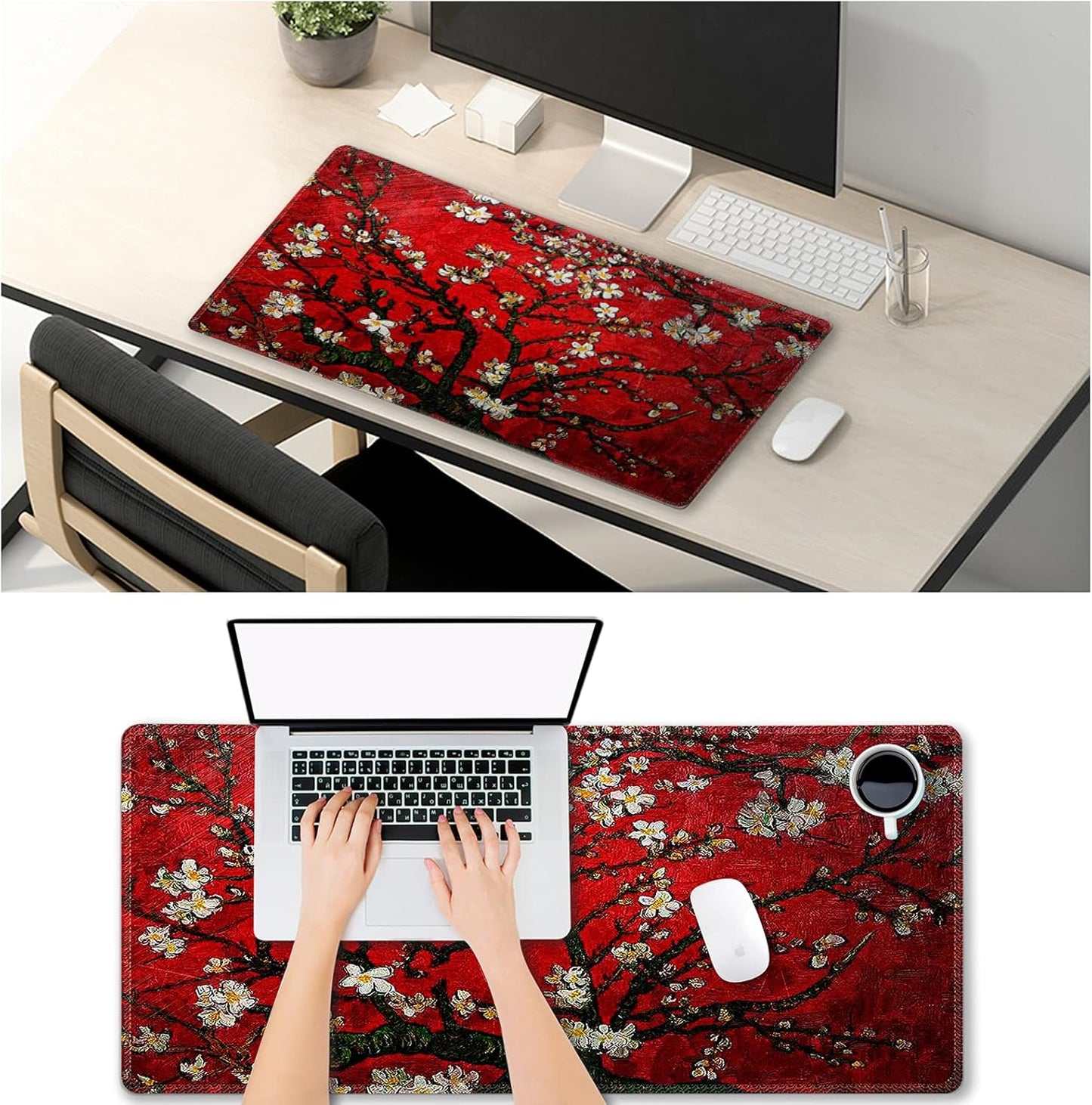 Extended Gaming Mouse Pad XXL  Large Keyboard Mat Long Mousepad Desk Decor Writing Pad Non Slip Rubber Base Stitched Edges for Work, Game, Office, Home, 35.1" X 15.7", Red Van Gogh Painting