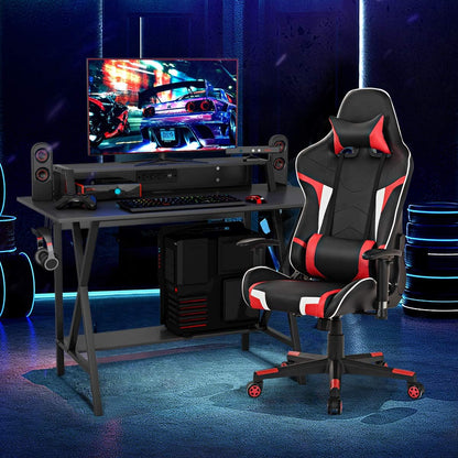Gaming Desk and Chair Set, Ergonomic E-Sport Gamer Desk & Racing Chair Set W/Cup Holder, Monitor Stand, Earphone Hook, Massage & Headrest, Home Office Computer Desk Chair Set (Red)
