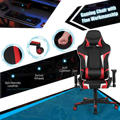 Gaming Desk and Chair Set, Ergonomic E-Sport Gamer Desk & Racing Chair Set W/Cup Holder, Monitor Stand, Earphone Hook, Massage & Headrest, Home Office Computer Desk Chair Set (Red)