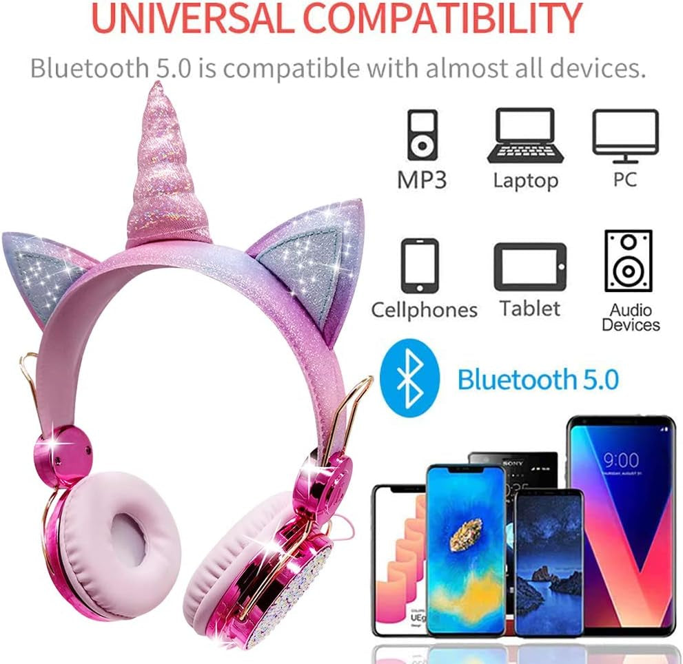 Sparkly Unicorn Headphones for Girls, 85Db Safe Volume Limit, Wireless & 3.5Mm Wired Headset with Mic, Adjustable Headband, Fast Charging, Foldable,For School, Tablet, Travel, Airplane