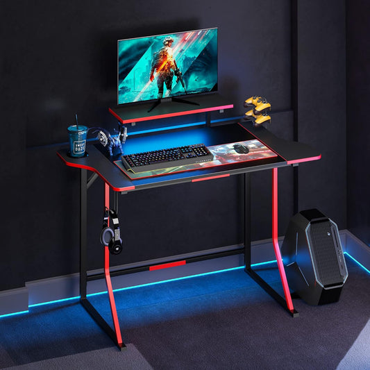 Gaming Desk with LED Light, 47" Gamer Desk with Monitor Stand for Home Office, Small Computer Desk with Controller Stand, Red and Black