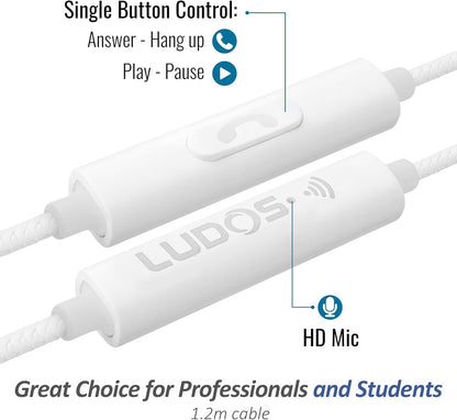 Clamor Wired Earbuds In-Ear Headphones, 5 Years Warranty, Earphones with Microphone, Noise Isolating Ear Buds, Memory Foam for Iphone, Samsung, School Students, Kids, Women, Small Ears - White