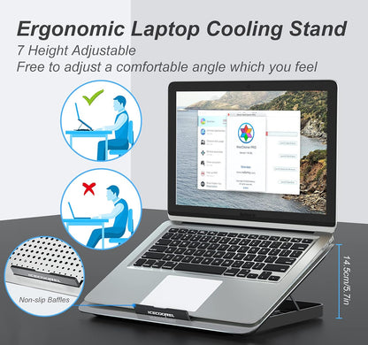 Aluminum Laptop Cooling Pad, Laptop Cooler Stand with 7 Height Adjustable, Laptop Fan Cooling Pad for Laptop 12-15.6 Inch, Notebook Cooler Pad with Two USB Port (Silver)