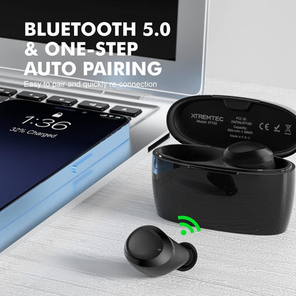 True Wireless Earbuds, Bluetooth Earbuds Noise Cancelling Bluetooth Headphones for All Smart Phone Small with Mic Waterproof Cordless In-Ear Earphones Deep Bass Sound (Black)