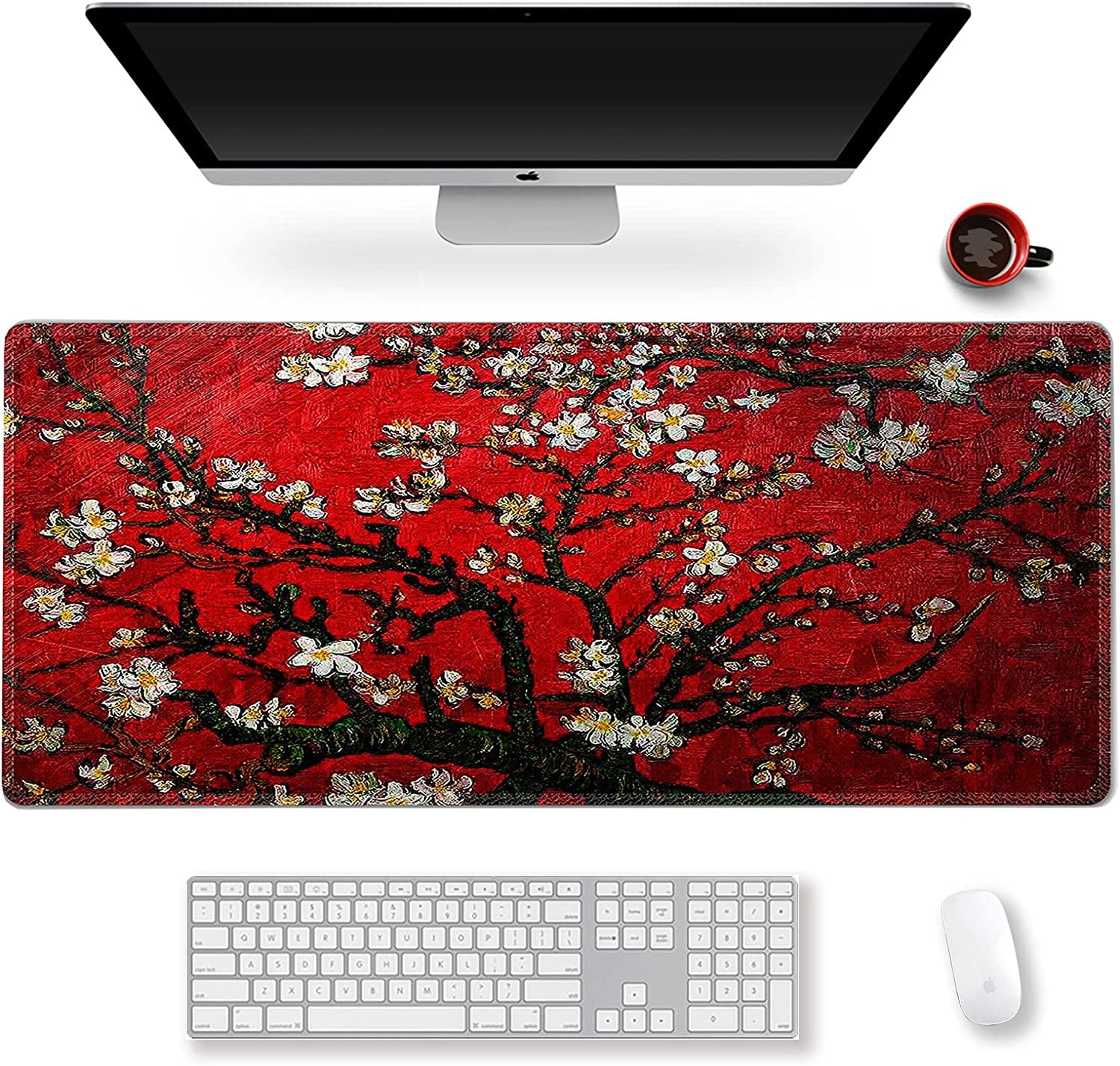 Extended Gaming Mouse Pad XXL  Large Keyboard Mat Long Mousepad Desk Decor Writing Pad Non Slip Rubber Base Stitched Edges for Work, Game, Office, Home, 35.1" X 15.7", Red Van Gogh Painting