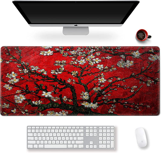 Extended Gaming Mouse Pad XXL  Large Keyboard Mat Long Mousepad Desk Decor Writing Pad Non Slip Rubber Base Stitched Edges for Work, Game, Office, Home, 35.1" X 15.7", Red Van Gogh Painting
