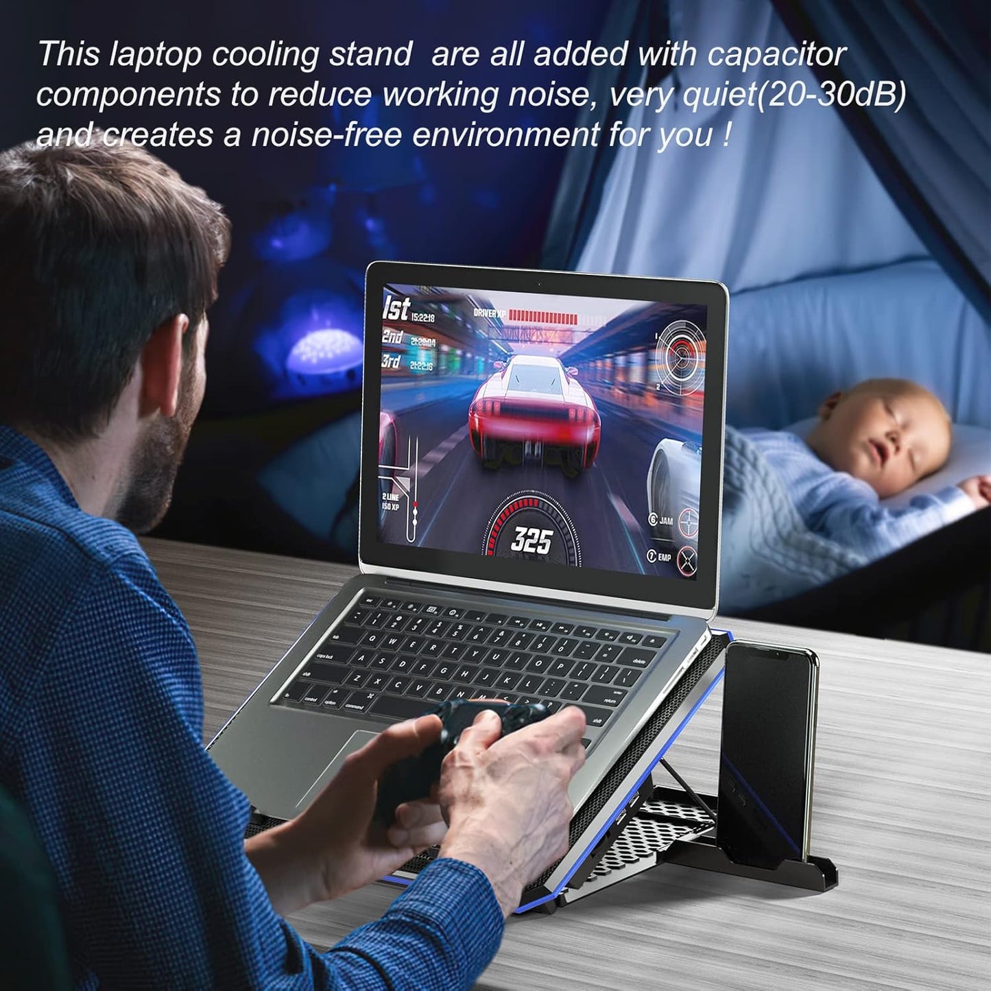 Laptop Cooling Pad with 6 Cooling Fan, Laptop Cooler Fan with No Lights, Cooling Pad for Laptop 15-17 Inches, Notebook Cooler Stand with 9 Height Adjustable, Cooler Pad for Lap or Desk Use