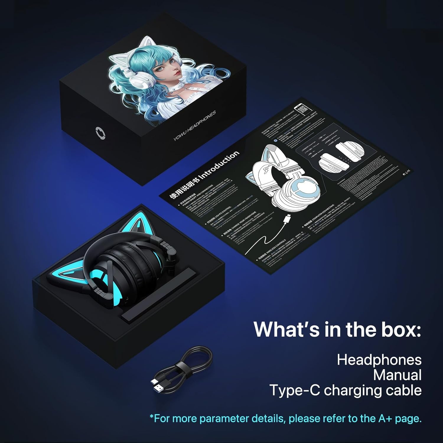 Cat Ear Headphones, Cute Cat Ear Gaming Headsets with Bluetooth 5.2 for Pc/Pe/Switch/Ps4/Ps5, Built-In Mic & Customizable RGB Light Effect for Anime Lovers(Ce Black)