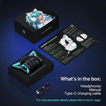 Cat Ear Headphones, Cute Cat Ear Gaming Headsets with Bluetooth 5.2 for Pc/Pe/Switch/Ps4/Ps5, Built-In Mic & Customizable RGB Light Effect for Anime Lovers(Ce Black)