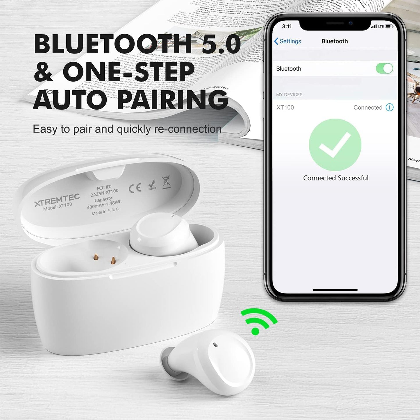True Wireless Earbuds, Bluetooth Earbuds Noise Cancelling Bluetooth Headphones for Iphone/Android Small with Mic Waterproof Cordless In-Ear Earphones Deep Bass Sound (White)