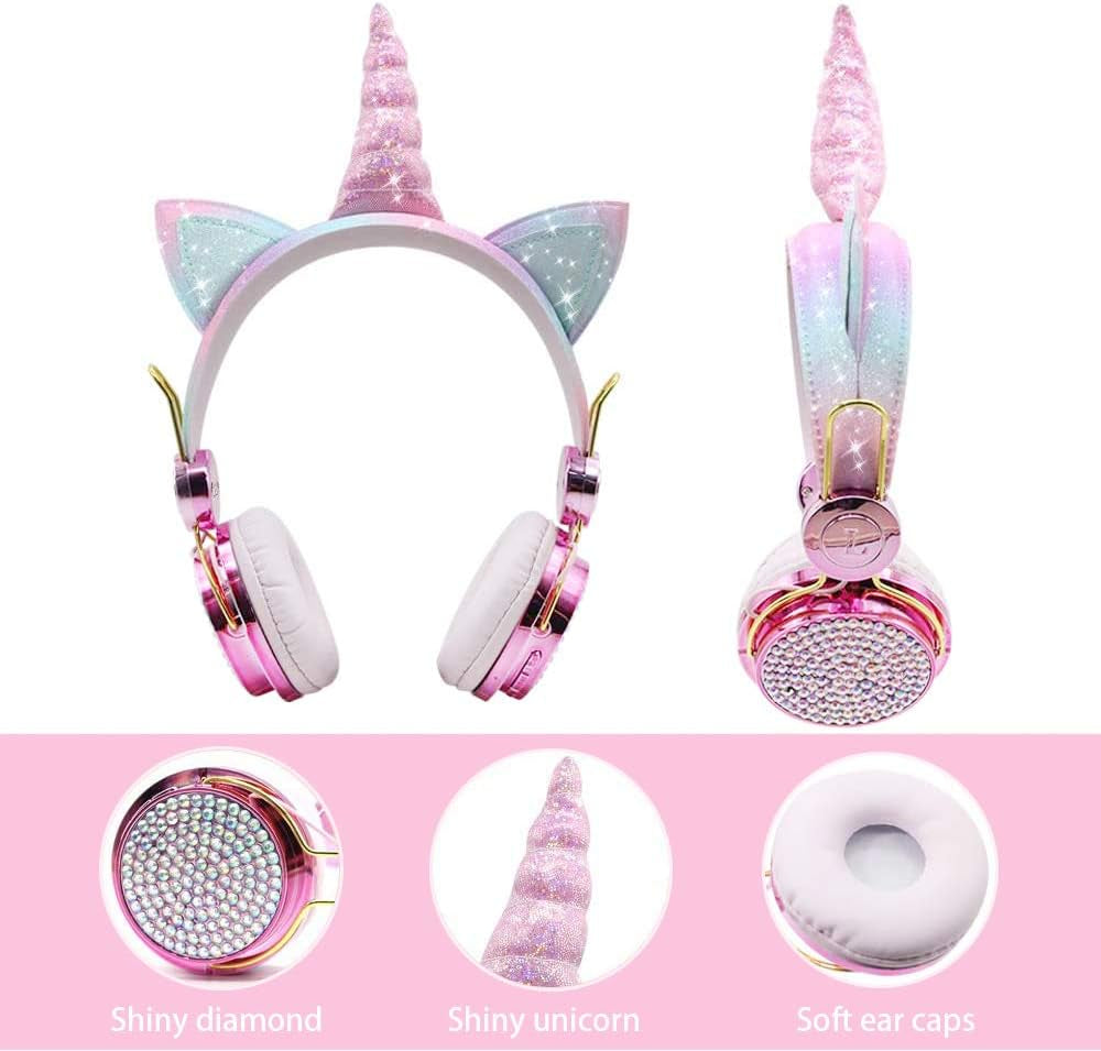 Sparkly Unicorn Headphones for Girls, 85Db Safe Volume Limit, Wireless & 3.5Mm Wired Headset with Mic, Adjustable Headband, Fast Charging, Foldable,For School, Tablet, Travel, Airplane