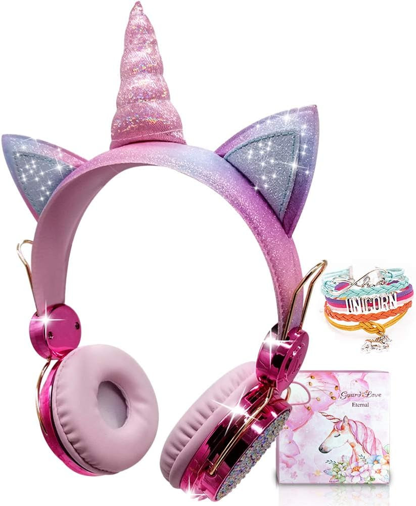 Sparkly Unicorn Headphones for Girls, 85Db Safe Volume Limit, Wireless & 3.5Mm Wired Headset with Mic, Adjustable Headband, Fast Charging, Foldable,For School, Tablet, Travel, Airplane