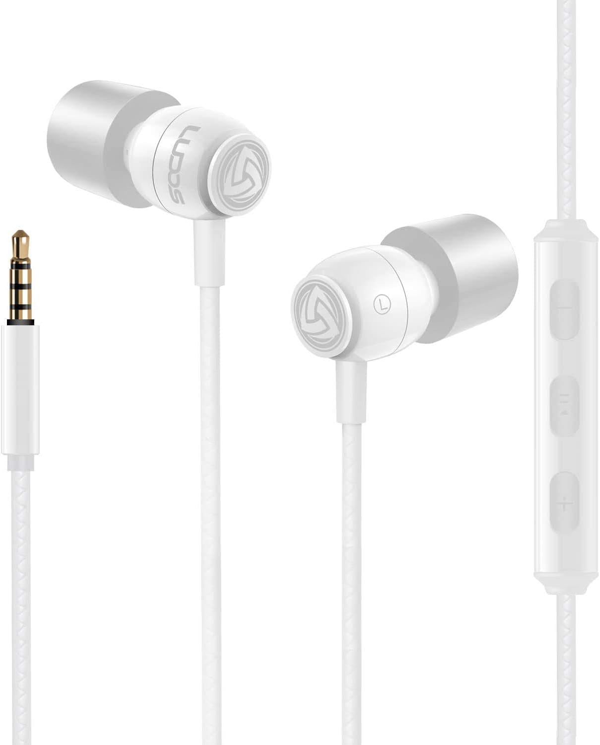 Clamor Wired Earbuds in Ear, Noise Isolating Headphones with Microphone, 3.5Mm Jack Plug, Mic and Volume Control, Memory Foam, Deep Bass, Tangle-Free Cord - Bright White