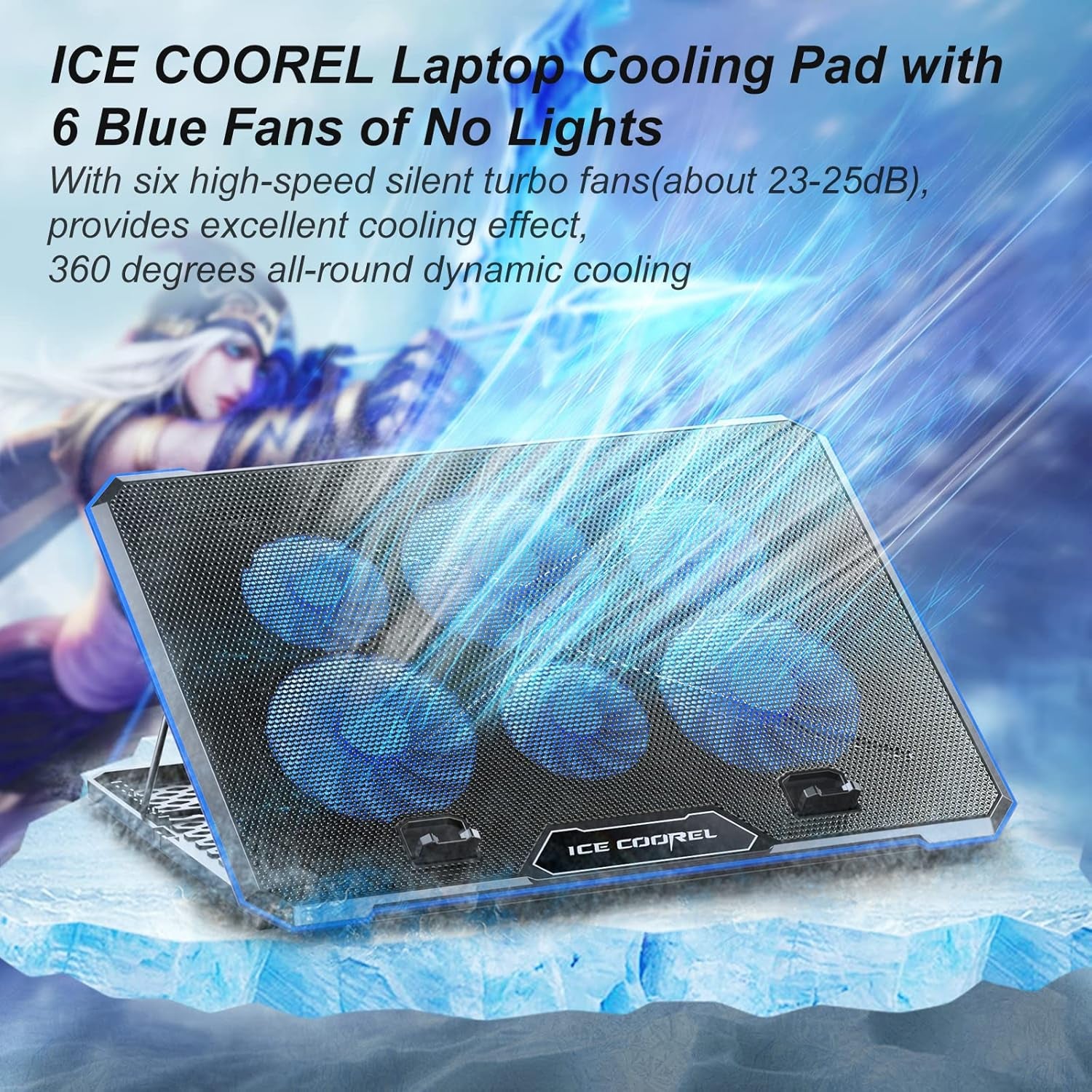 Laptop Cooling Pad with 6 Cooling Fan, Laptop Cooler Fan with No Lights, Cooling Pad for Laptop 15-17 Inches, Notebook Cooler Stand with 9 Height Adjustable, Cooler Pad for Lap or Desk Use