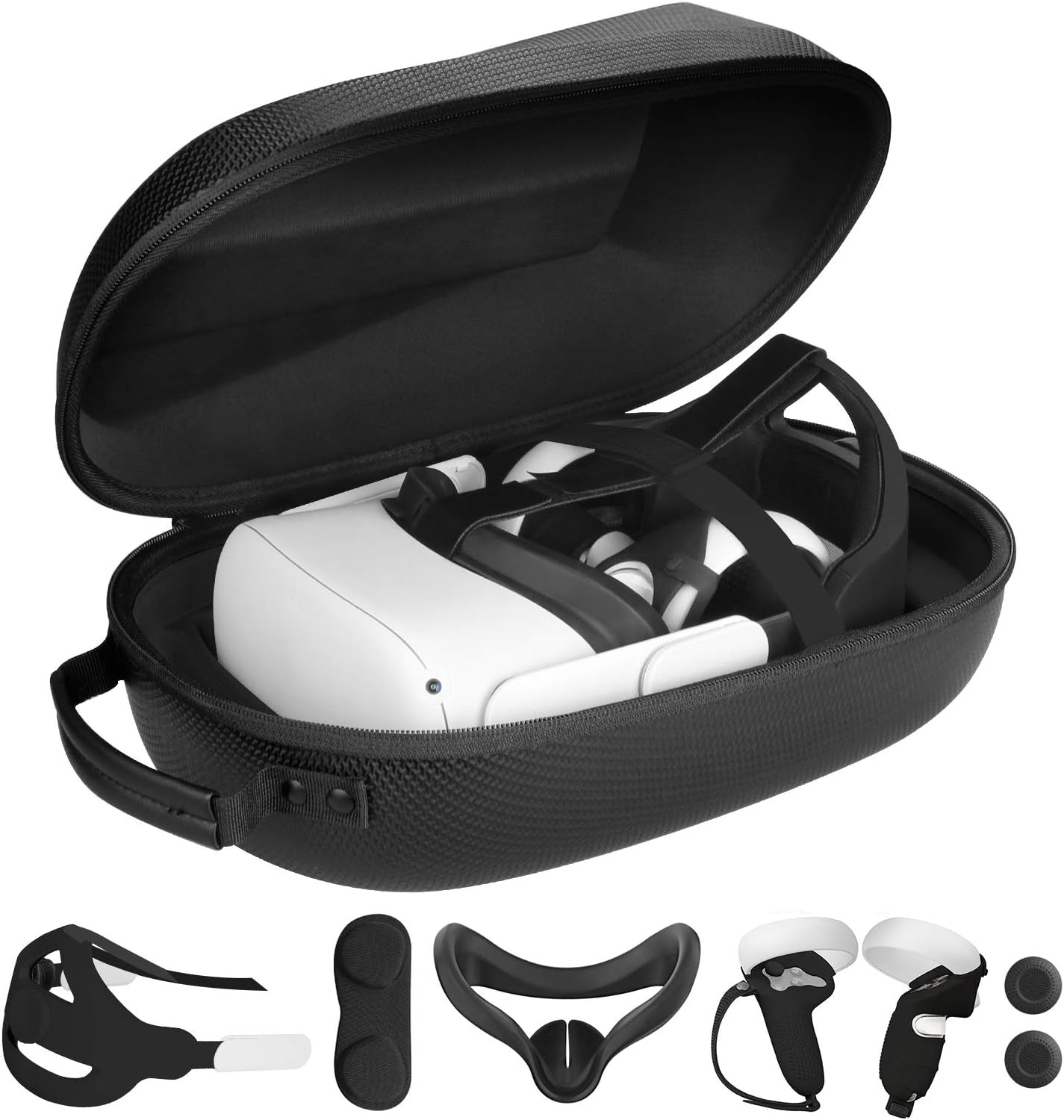 Carrying Case for Oculus Quest 2 with Head Strap - Hard Protection Case and Lightweight Travel Case with Starter Kit, Face Cover, and Silicone Controller Cover(Black Case Set Accessories)