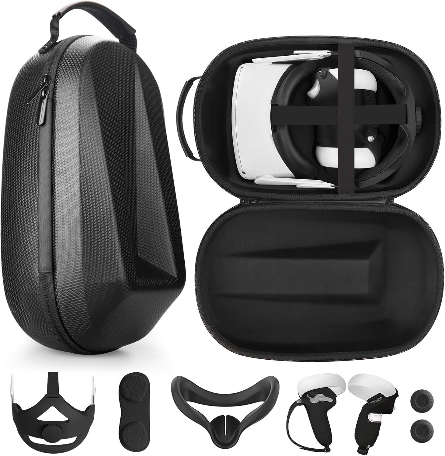 Carrying Case for Oculus Quest 2 with Head Strap - Hard Protection Case and Lightweight Travel Case with Starter Kit, Face Cover, and Silicone Controller Cover(Black Case Set Accessories)