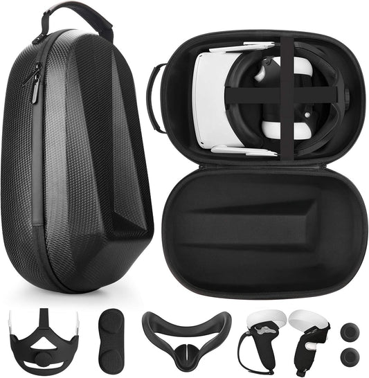 Carrying Case for Oculus Quest 2 with Head Strap - Hard Protection Case and Lightweight Travel Case with Starter Kit, Face Cover, and Silicone Controller Cover(Black Case Set Accessories)