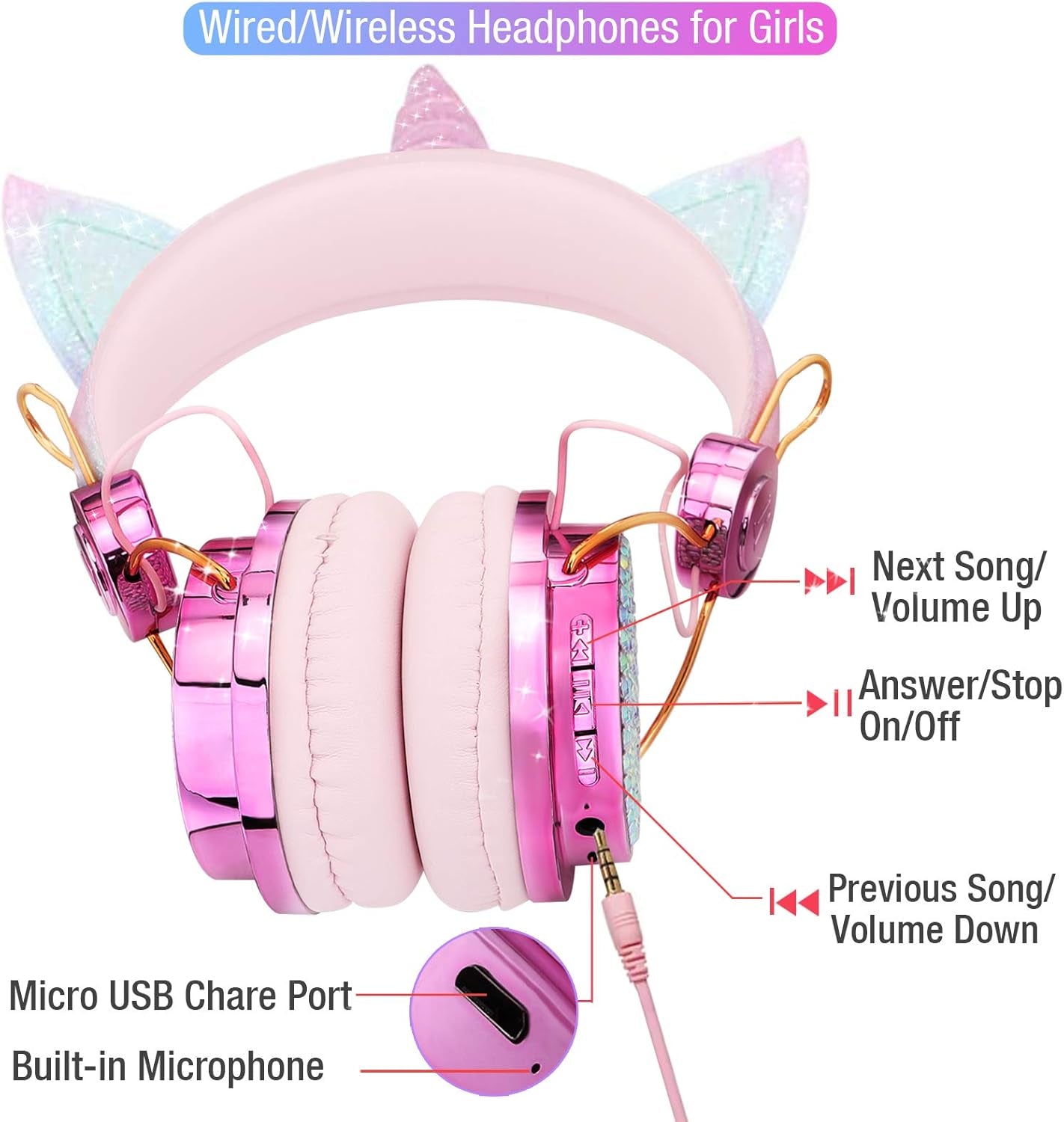 Sparkly Unicorn Headphones for Girls, 85Db Safe Volume Limit, Wireless & 3.5Mm Wired Headset with Mic, Adjustable Headband, Fast Charging, Foldable,For School, Tablet, Travel, Airplane