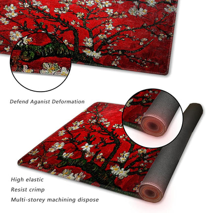 Extended Gaming Mouse Pad XXL  Large Keyboard Mat Long Mousepad Desk Decor Writing Pad Non Slip Rubber Base Stitched Edges for Work, Game, Office, Home, 35.1" X 15.7", Red Van Gogh Painting