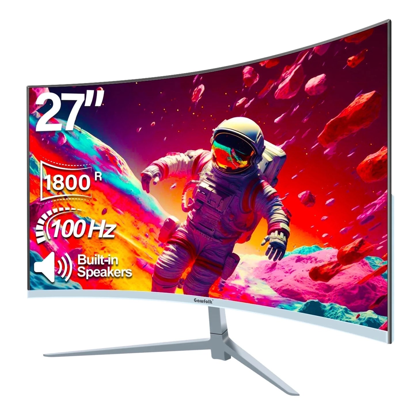 27 Inch Curved Monitor 100Hz, PC White Computer Gaming Monitor FHD 1080P, 1800R, Frameless, Built-In Speakers