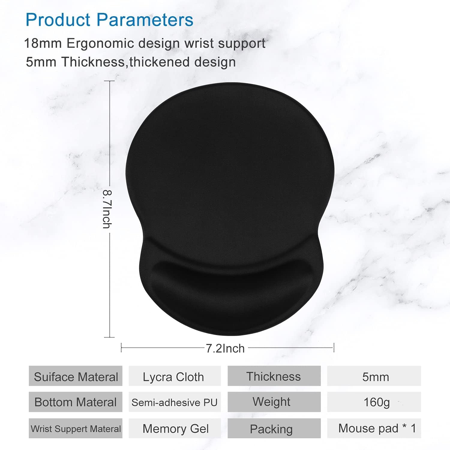 Mouse Pad, Ergonomic Mouse Pad with Gel Wrist Rest Support, Gaming Mouse Pad with Lycra Cloth, Non-Slip PU Base for Computer, Laptop, PC, Home, Office & Travel, Black