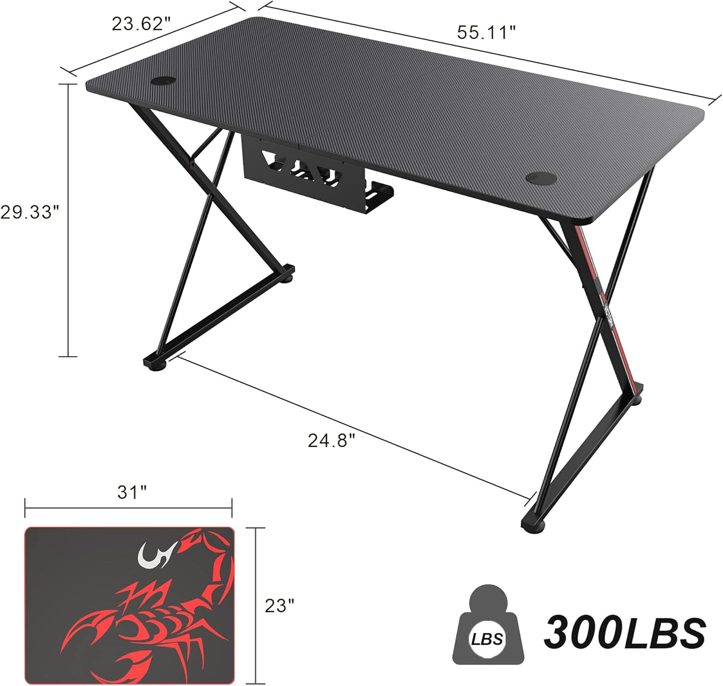 EE  Gaming Desk, 47 Inch Gamer Workstation, Carbon Fiber Surface Gaming Computer Desk with Large Mouse Pad, Controller Race, Headphone Hook, Cup Holder, Socket Holder,Black